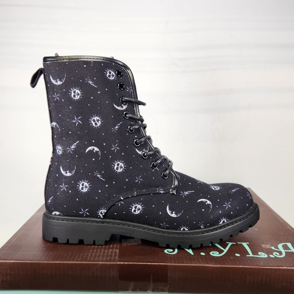 NYLA Cosmic Combat Boots Women Size 5 Black Celestial Sun Moon Star Lug Sole